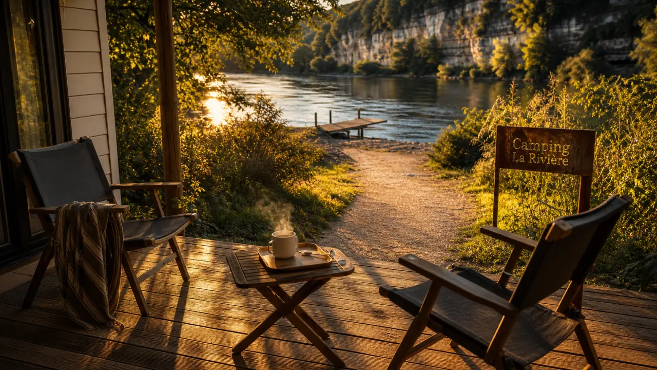 Camping la riviere lacave : terrasse mobil-home au bord de la Dordogne