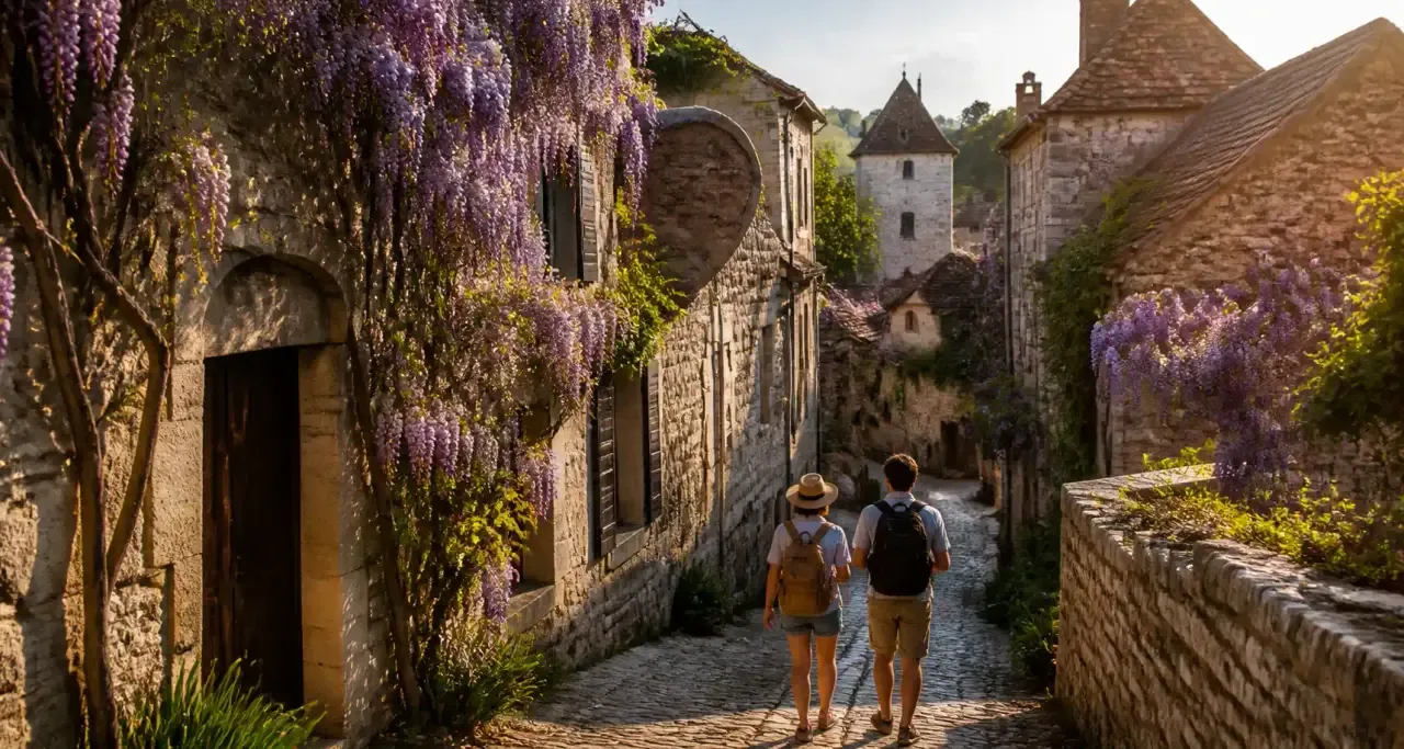 Voyageurs dans une ruelle de village médiéval du Lot