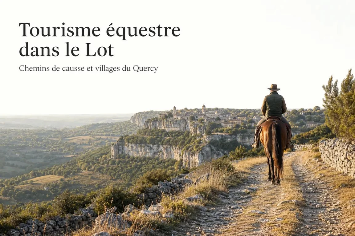 Tourisme equestre lot : cavalier sur un chemin de causse avec vue sur la vallée et les paysages du Lot