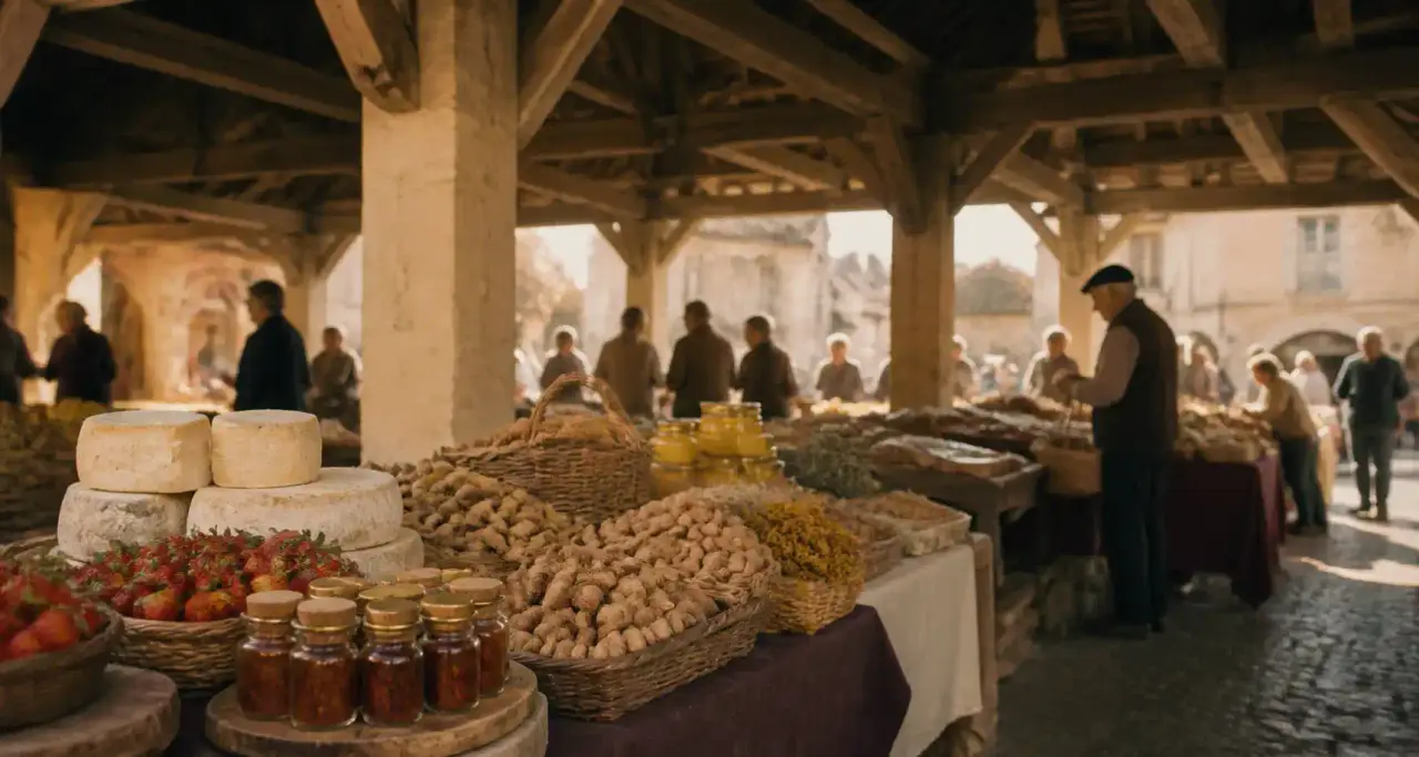Marché de producteurs sous la halle médiévale de Martel dans le Lot au petit matin
