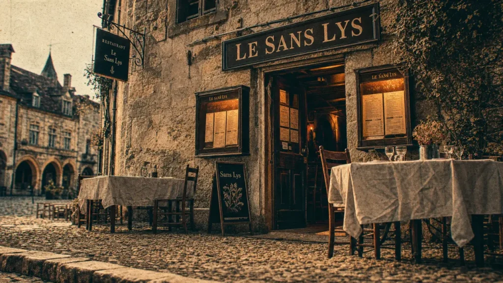 Le sans lys martel : façade du restaurant traditionnel, place et terrasse
