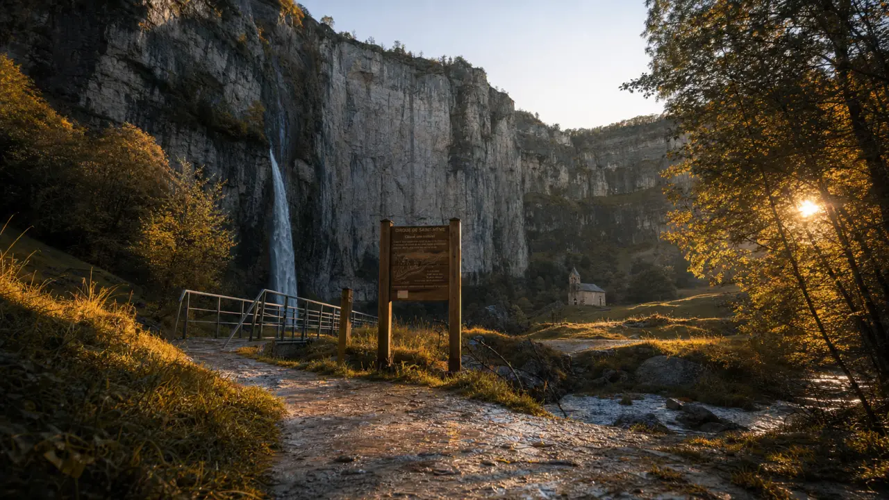 Randonnée Lot cascade d’Autoire : sentier et passerelle vers une grande cascade