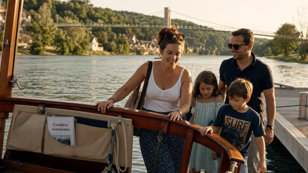 Tourisme de croisière Lot : couple et enfants montent sur un bateau au départ d’un port sur le Lot