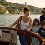 Tourisme de croisière Lot : couple et enfants montent sur un bateau au départ d’un port sur le Lot