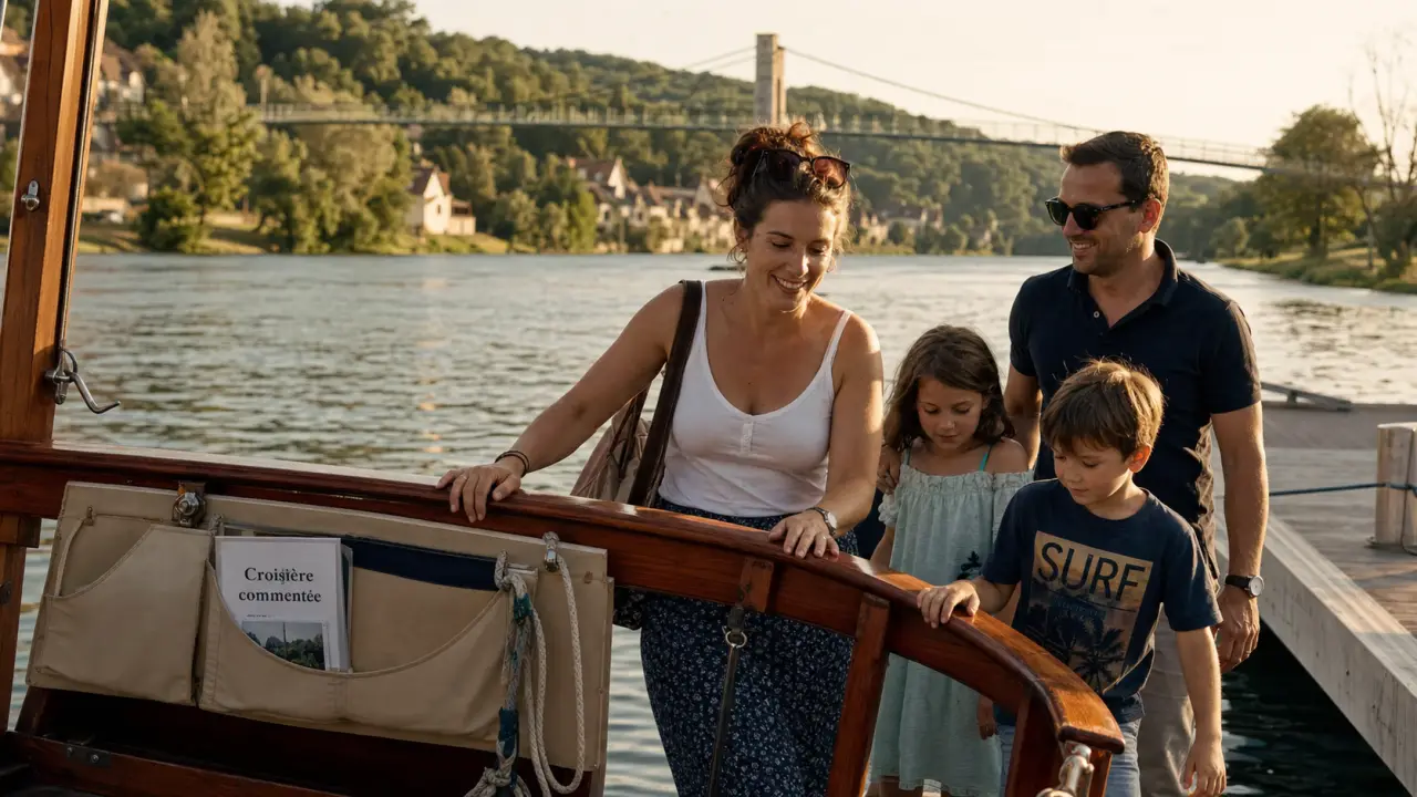 Tourisme de croisière Lot : couple et enfants montent sur un bateau au départ d’un port sur le Lot