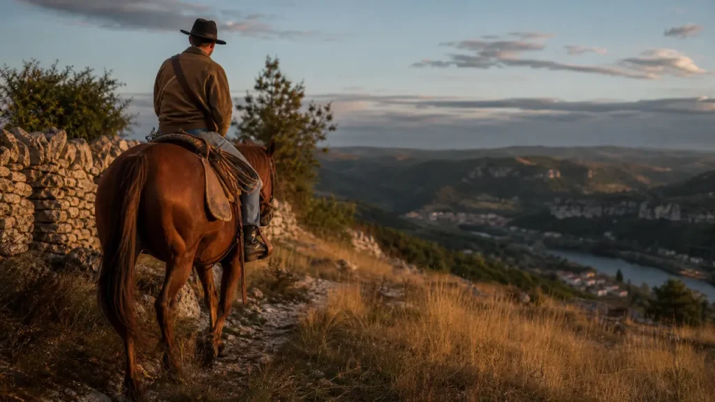 Tourisme equestre lot : cavalier à cheval sur sentier du Causse