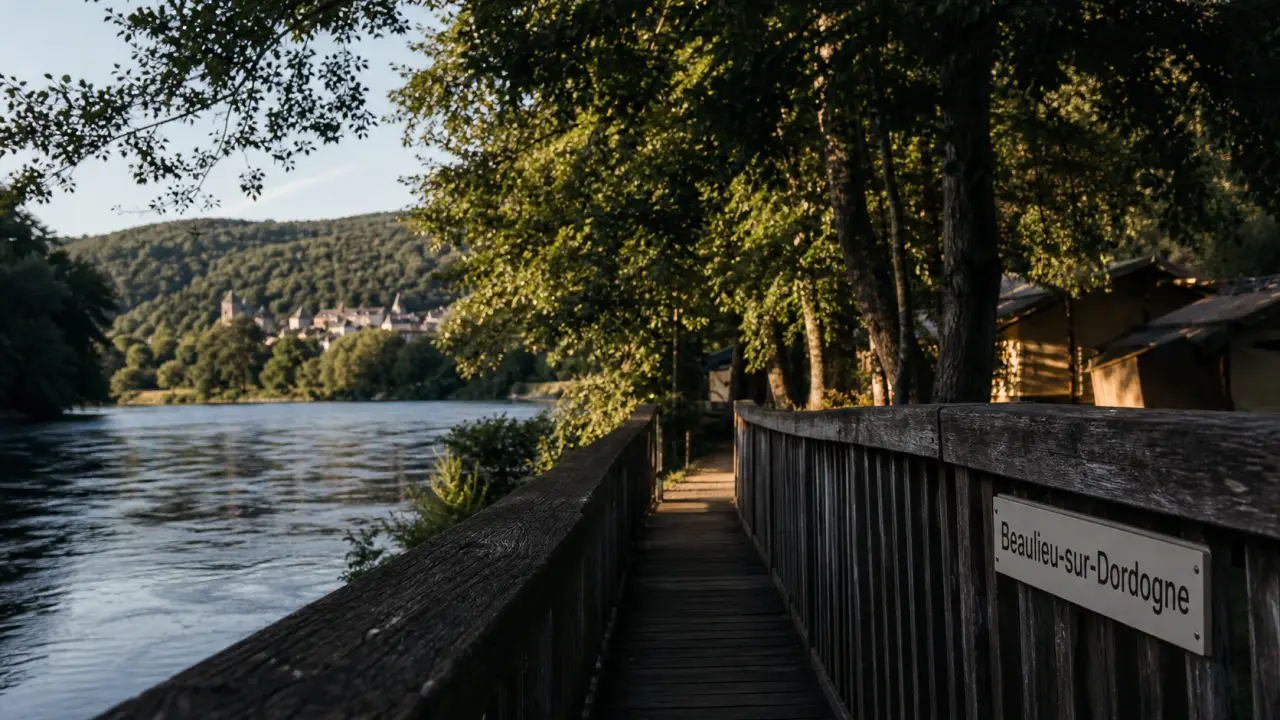 Passerelle bois au camping Huttopia Beaulieu sur Dordogne, vue sur deux îles et rivière