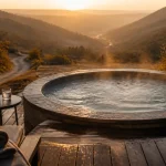 Chalet avec spa privatif Rocamadour Lot : jacuzzi rond sur terrasse
