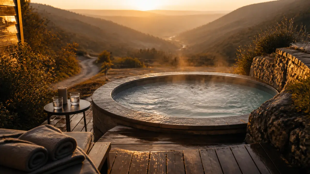 Chalet avec spa privatif Rocamadour Lot : jacuzzi rond sur terrasse