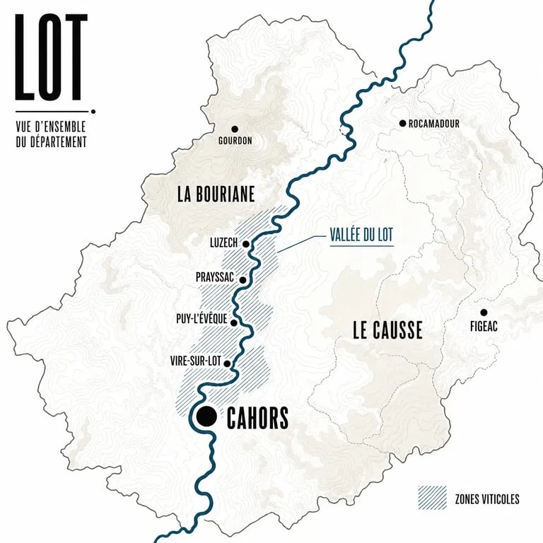 Carte des vins du Lot montrant la vallée du Lot, Cahors et les principaux vignobles