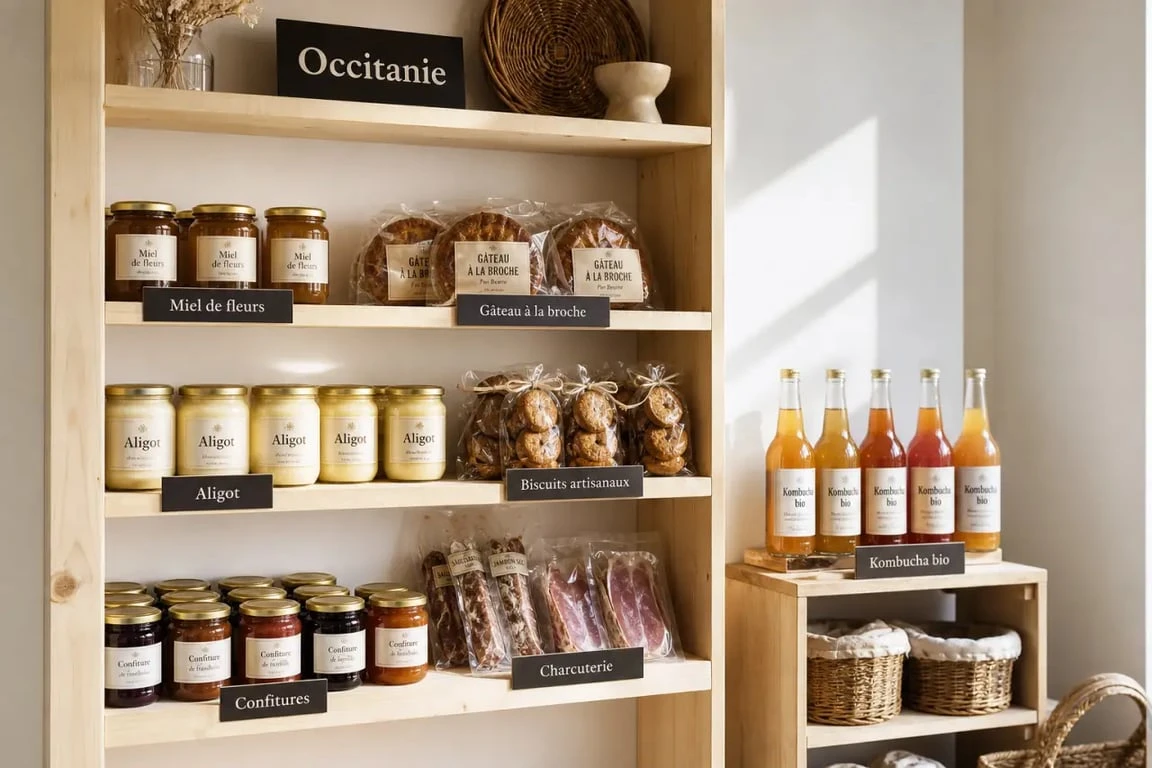 epicerie occitanie avec produits régionaux artisanaux sur étagères en bois