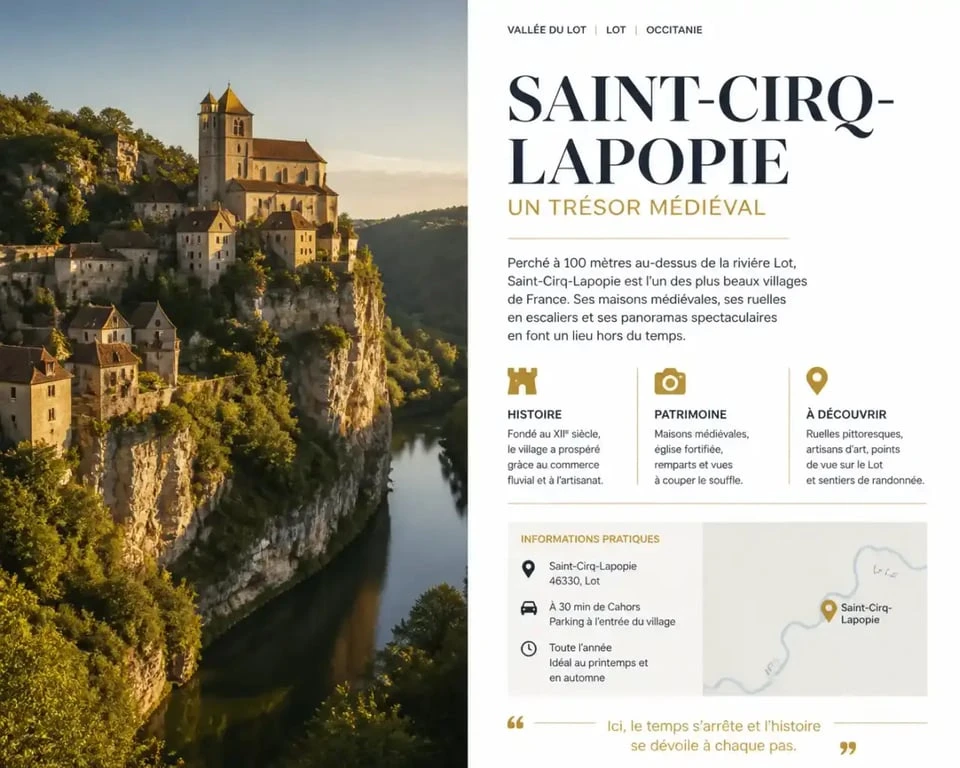 Vue panoramique du village médiéval de Saint-Cirq-Lapopie lors d'une visite touristique