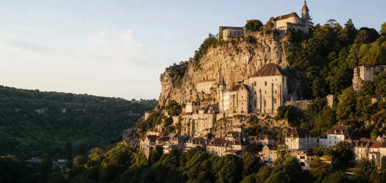 Vue panoramique de gites de france lot rocamadour, cité médiévale perchée sur la falaise au-dessus de la vallée de l’Alzou