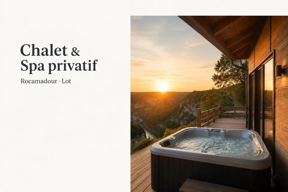 Chalet avec spa privatif rocamadour lot, terrasse en bois et vue sur la vallée au coucher du soleil