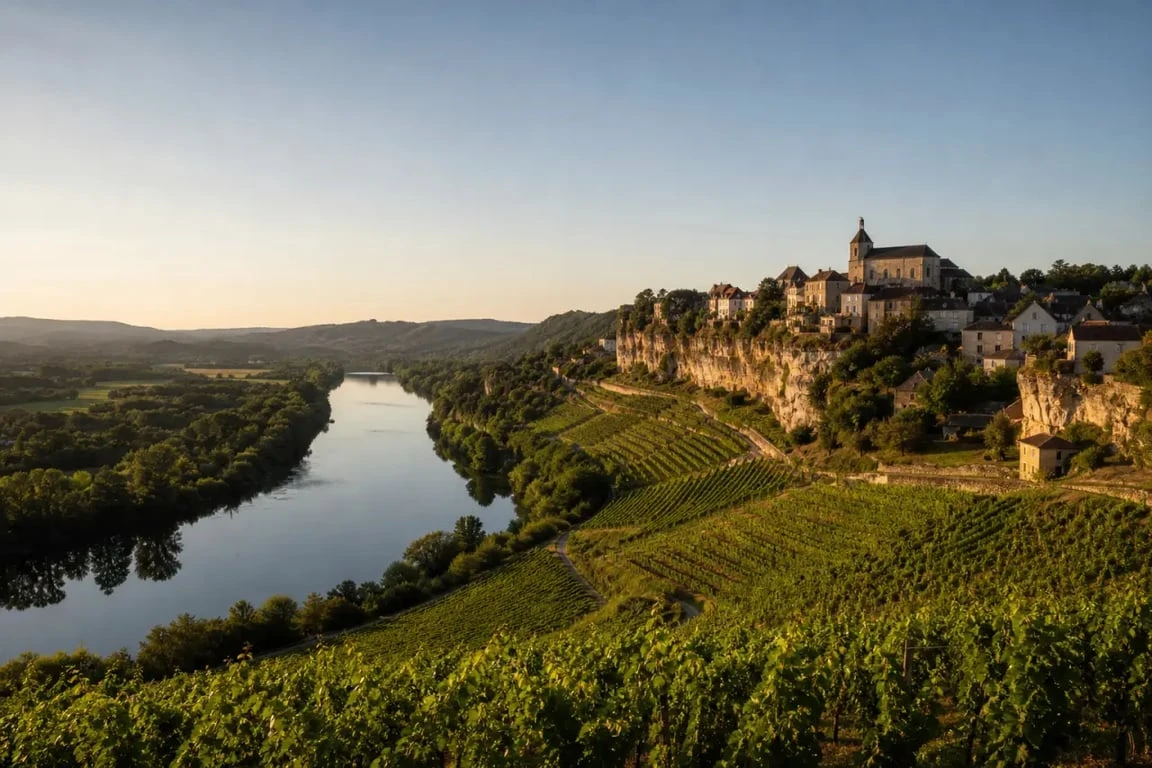 Route des vins Lot : vue panoramique de la vallée, des vignes et d’un village perché