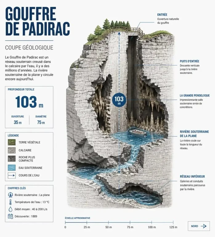 Schéma géologique du Gouffre de Padirac illustrant sa profondeur et ses galeries