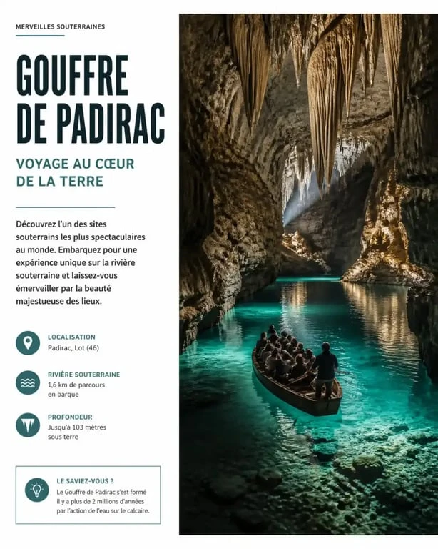 Vue spectaculaire de la rivière souterraine du Gouffre de Padirac dans le Lot