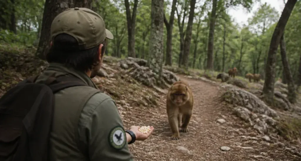 Forêt des singes Rocamadour Lot : macaque de Barbarie en semi-liberté