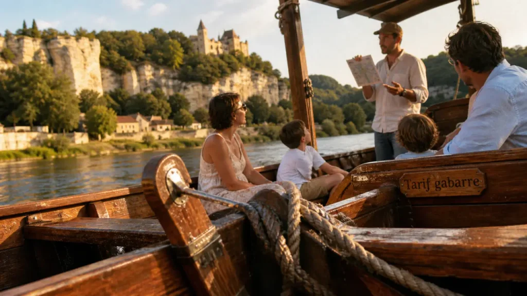 Gabarre dordogne tarif : vue depuis une gabarre en bois sur la Dordogne