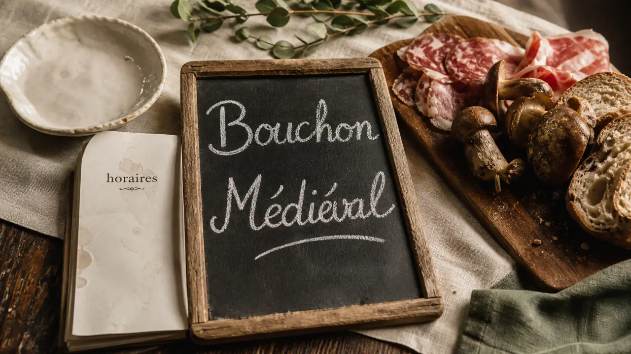 Le bouchon médiéval : cuisine maison et horaires sur table en bois