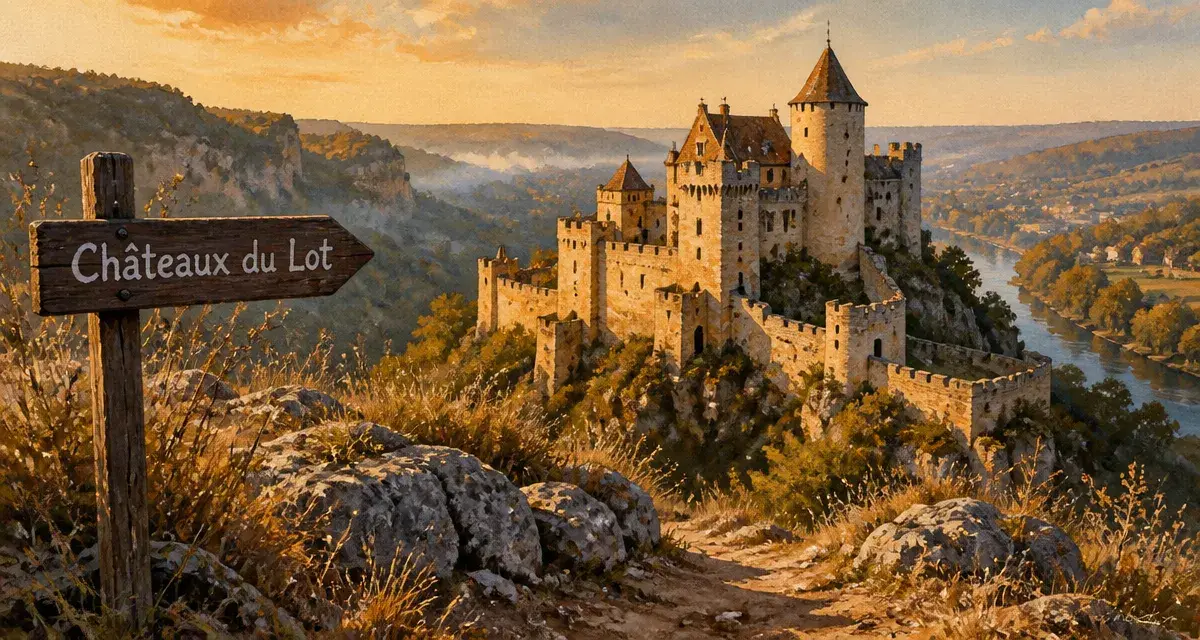 Liste des châteaux du Lot : château dans la vallée du Lot, vue depuis un sentier