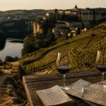 Route des vins Lot : vignes en terrasses et méandre du Malbec, vue depuis la vallée
