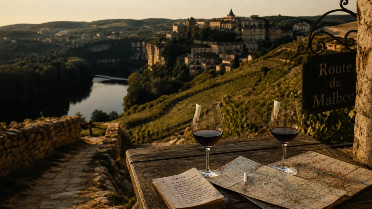 Route des vins Lot : vignes en terrasses et méandre du Malbec, vue depuis la vallée