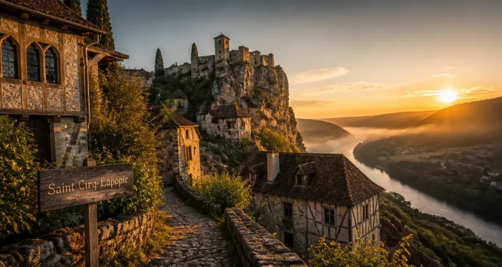 Visite saint cirq lapopie : panorama des falaises au-dessus du Lot et ruelles médiévales