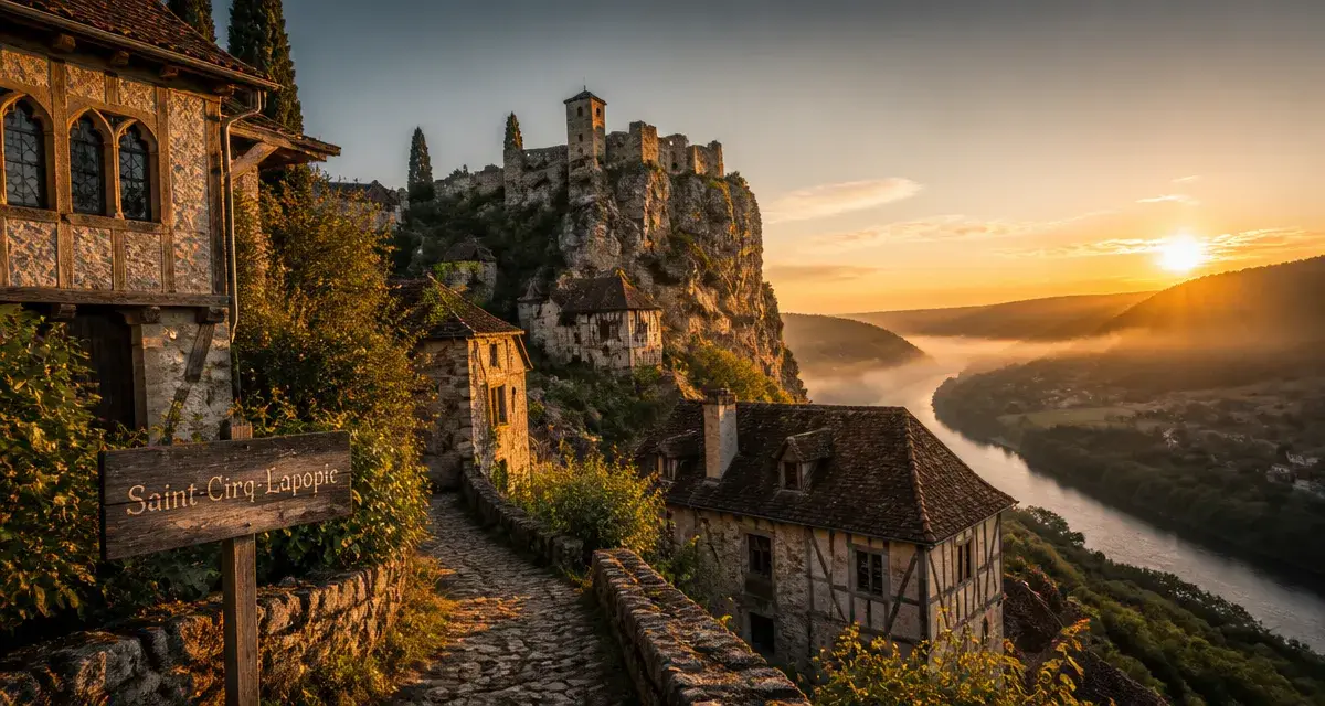 Visite saint cirq lapopie : panorama des falaises au-dessus du Lot et ruelles médiévales