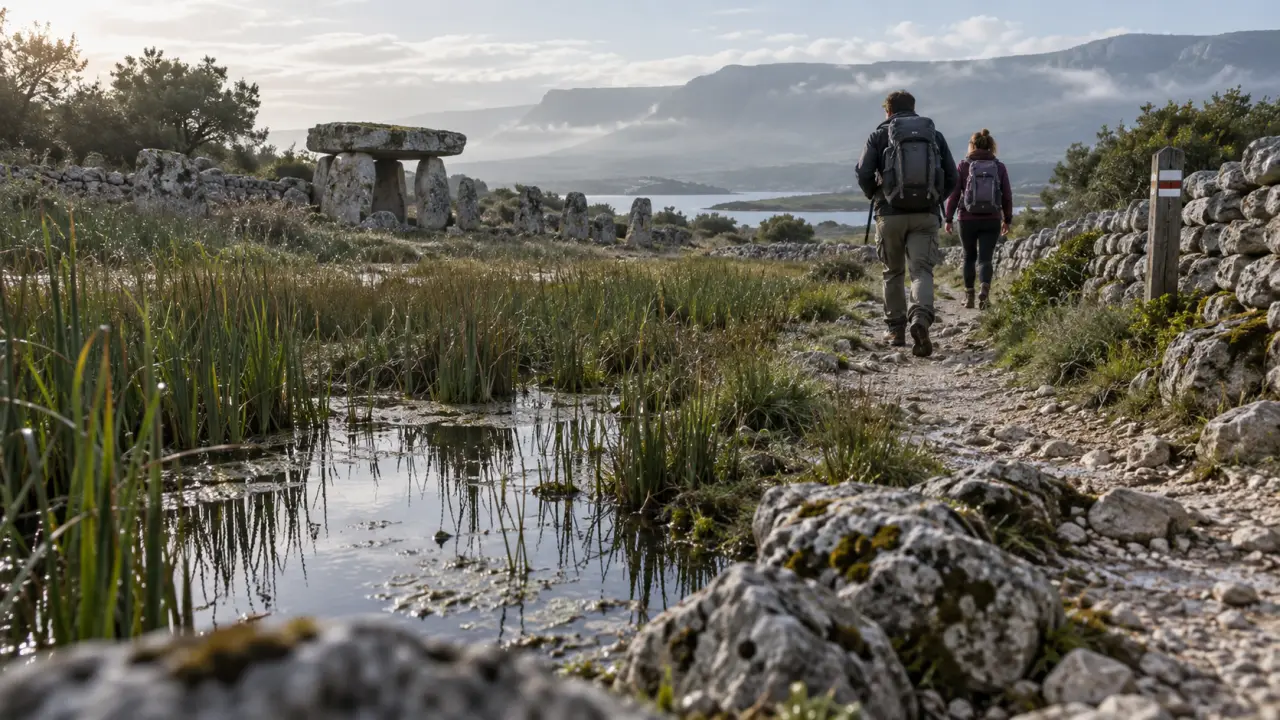 Balades lot : marcheurs sur sentier calcaire près d’un marais au Lot
