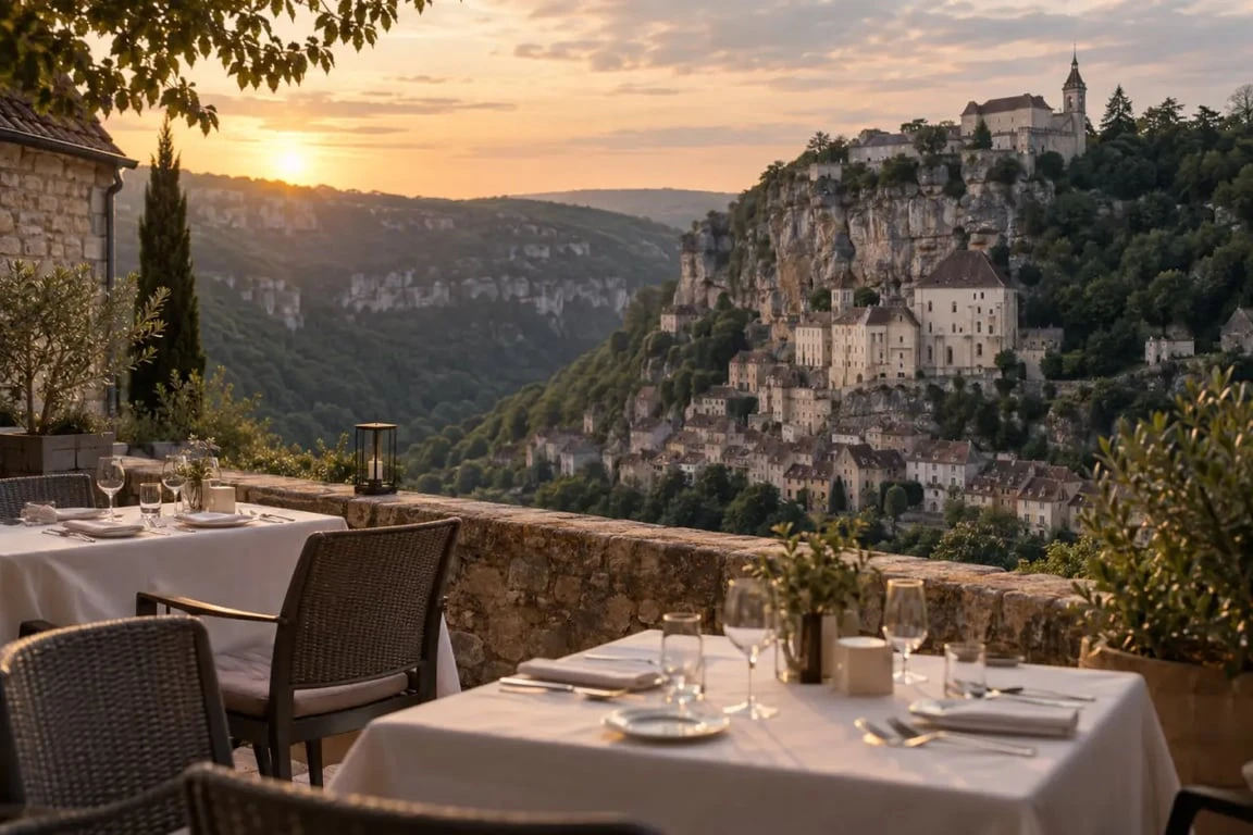 Restaurant à Rocamadour dans le Lot avec vue panoramique sur la cité médiévale