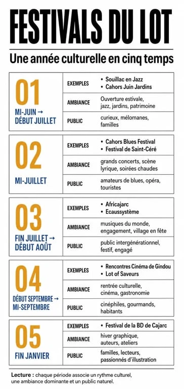 Calendrier des festivals lot dans le département du Lot par saison et ambiance