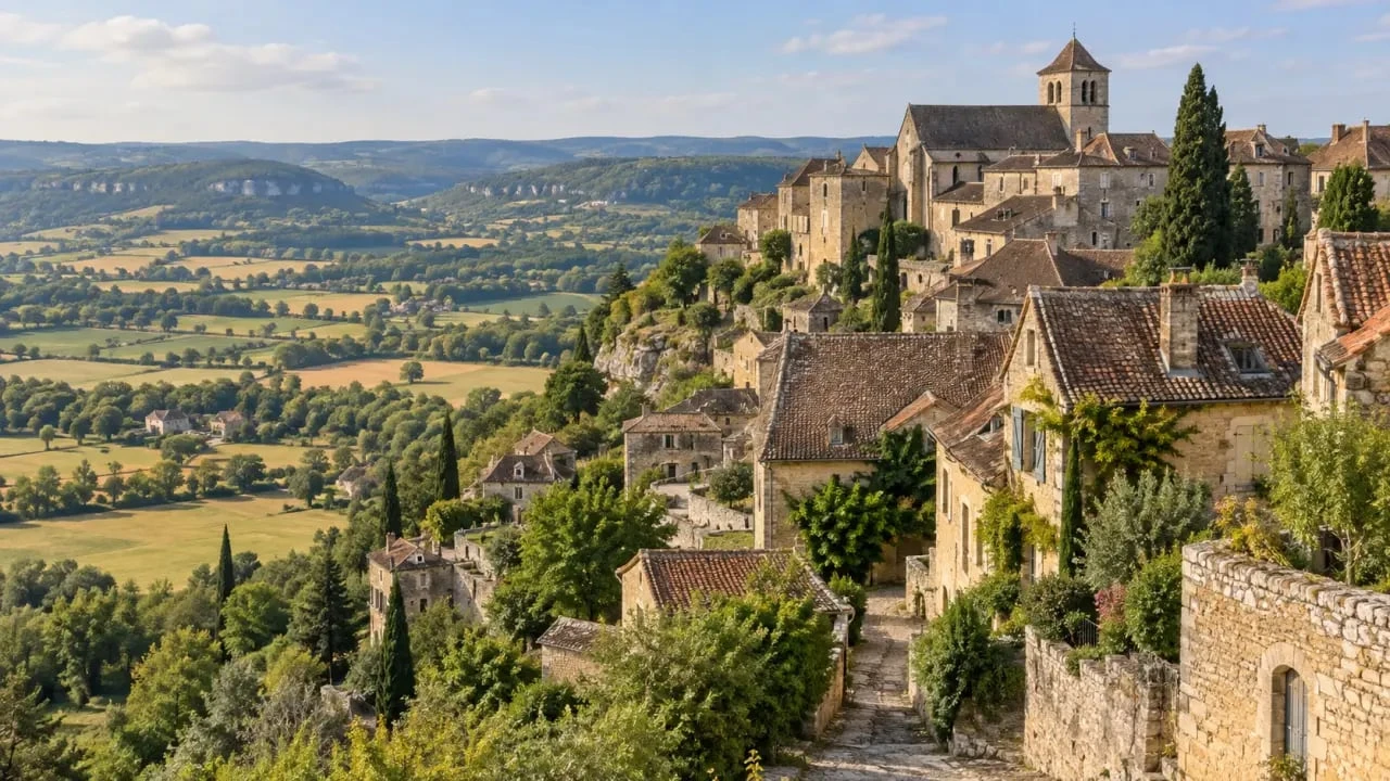 Location de vacances à Gourdon dans le Lot avec vue sur le village médiéval et la campagne environnante