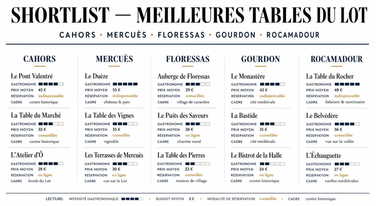 Meilleurs restaurants Lot : shortlist comparative des tables de Cahors, Mercuès, Floressas, Gourdon et Rocamadour