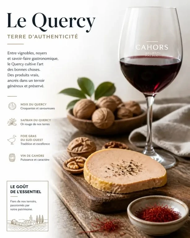 Gastronomie locale à Gramat avec produits du terroir du Quercy comme le foie gras et le vin de Cahors
