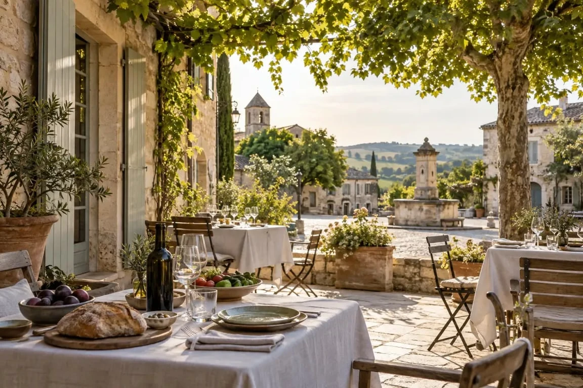 Restaurants du Lot-et-Garonne sur une terrasse de village avec produits du terroir