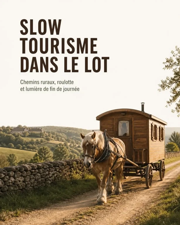 Vacances en roulotte avec cheval dans le Lot : roulotte attelée avançant sur un chemin rural avec collines lotoises au loin