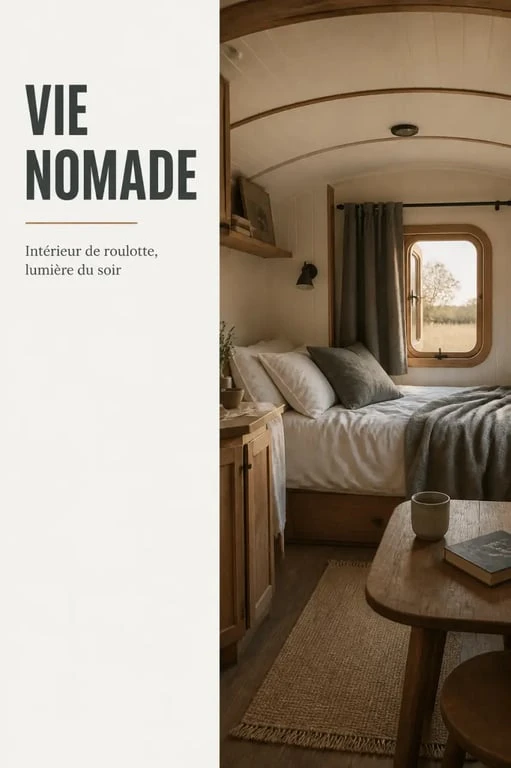 Vacances en roulotte avec cheval dans le Lot : intérieur chaleureux de la roulotte avec lit, table et lumière du soir