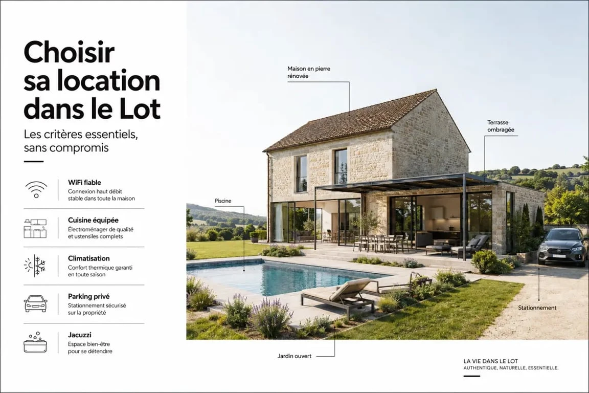Location vacances avec équipements modernes dans le Lot : maison rénovée, piscine, terrasse, WiFi et parking privé