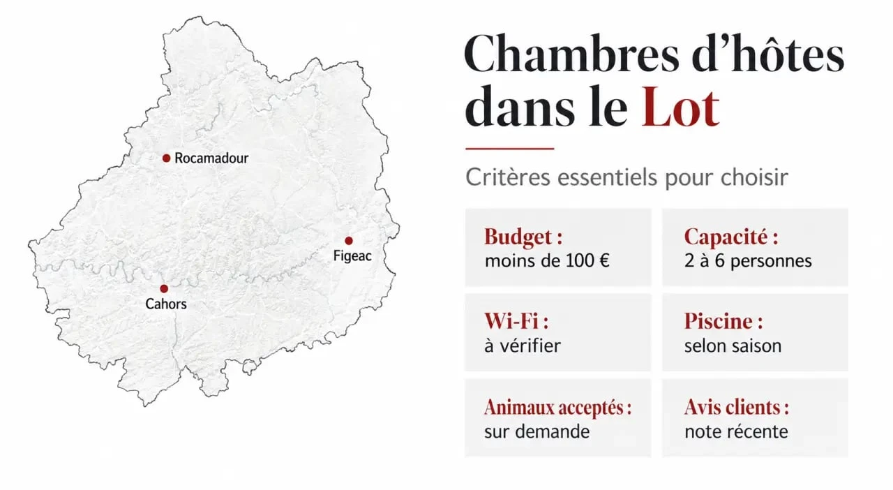 Chambres d hôtes lot : critères clés pour choisir selon le budget, la capacité, la piscine, les animaux et les avis