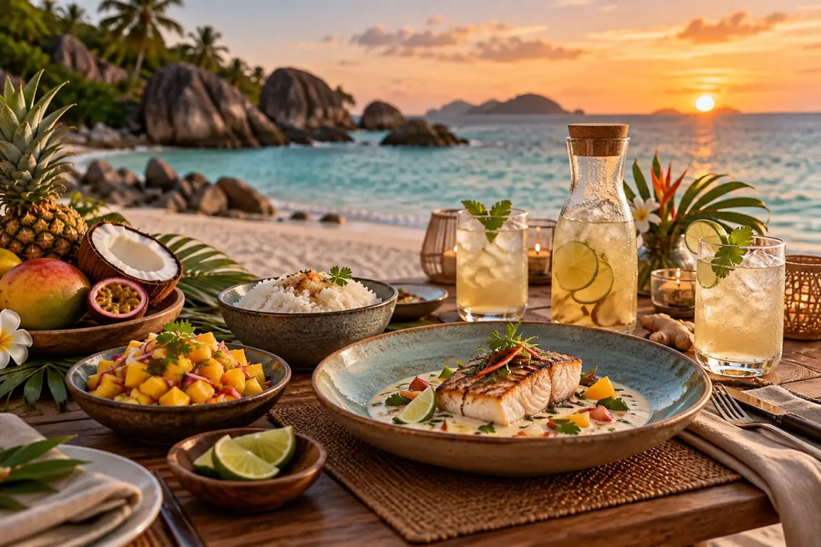 Dîner aux saveurs exotiques après une expédition sous-marine aux Seychelles, servi au bord de la plage