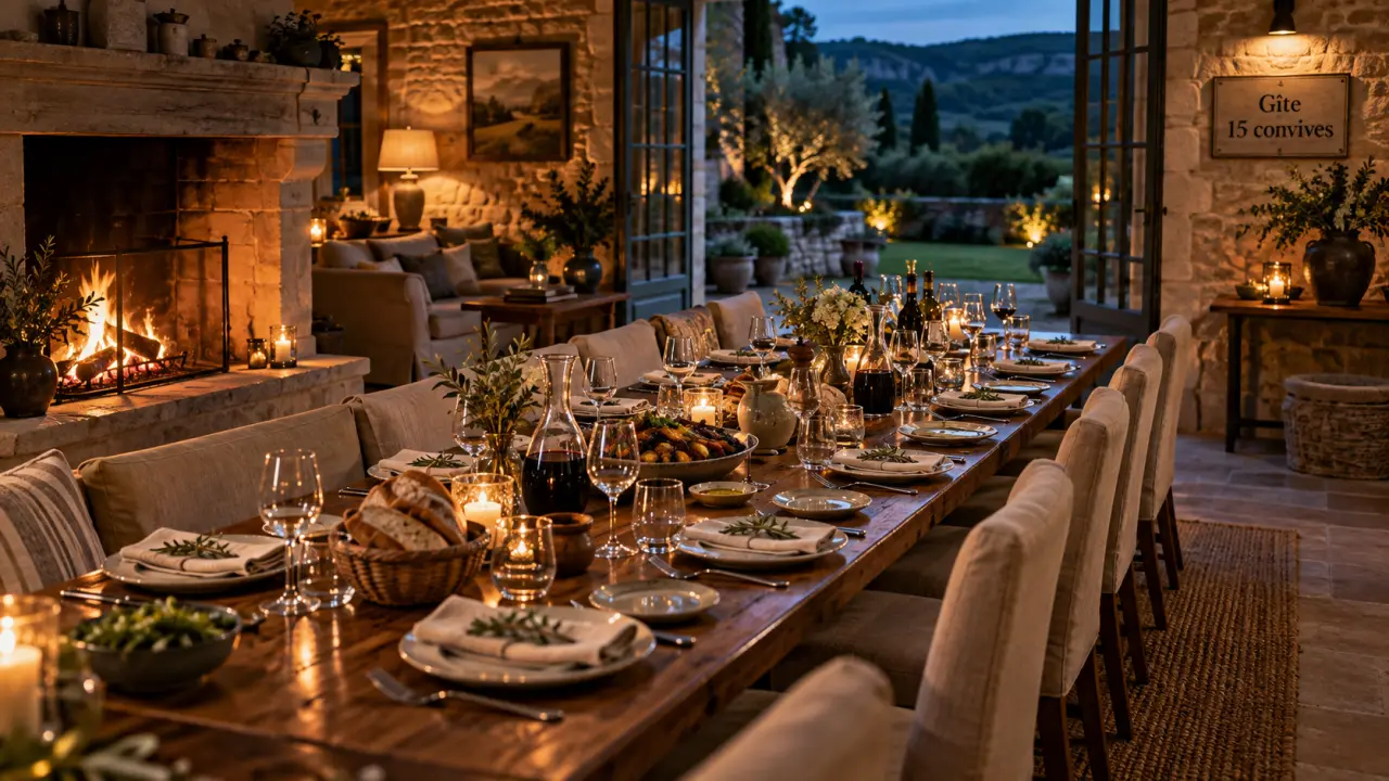 Location gîtes lot pour 15 personnes : grande table et salon convivial