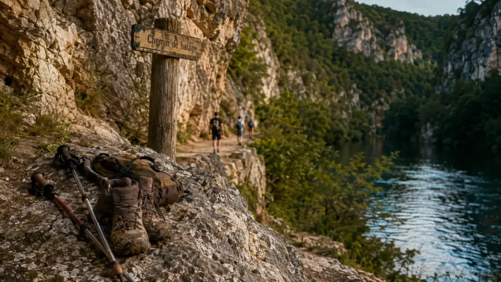 Randonnée dans le Lot : chemin de halage près des falaises et du Lot