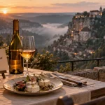 Restaurant rocamadour lot, table terrasse et vin local à Rocamadour