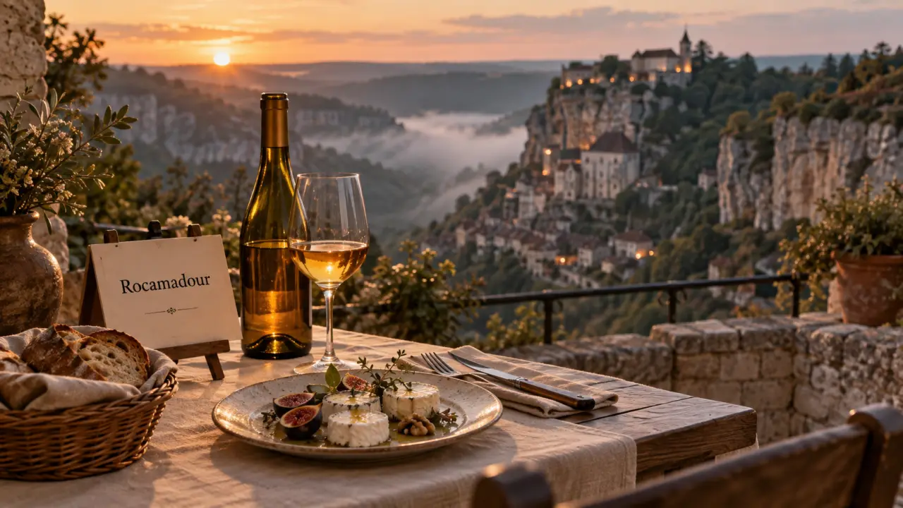 Restaurant rocamadour lot, table terrasse et vin local à Rocamadour