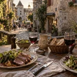 Terrasse de restaurants à Martel Lot, menus du terroir en bord de ruelle médiévale