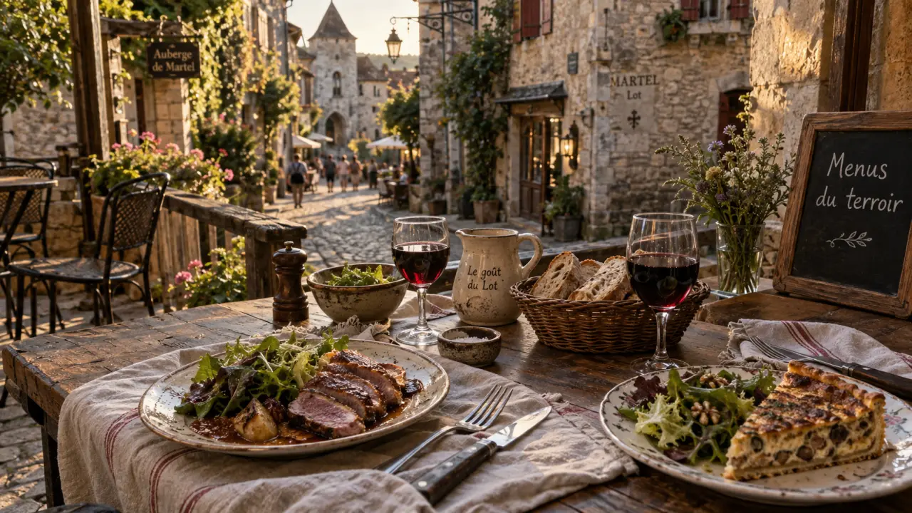 Terrasse de restaurants à Martel Lot, menus du terroir en bord de ruelle médiévale