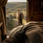 Vacances en roulotte avec cheval dans le Lot, couverture en laine et chemin rural