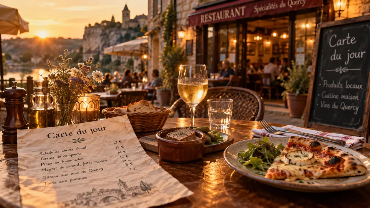 Restaurants a souillac lot : pizza et carte du jour devant un restaurant
