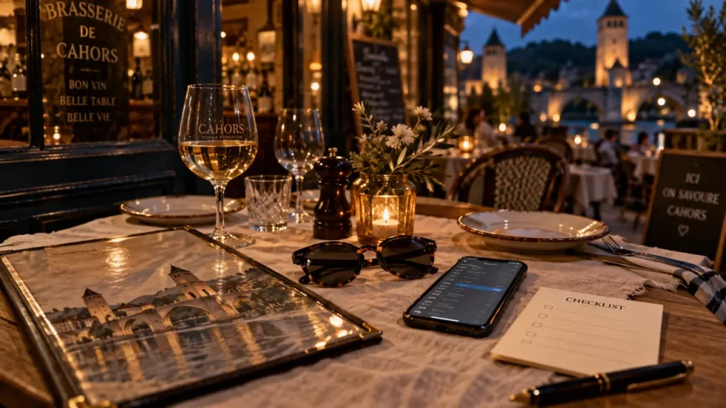 Restaurants Cahors Lot : table en bois et carte de restaurant en ville